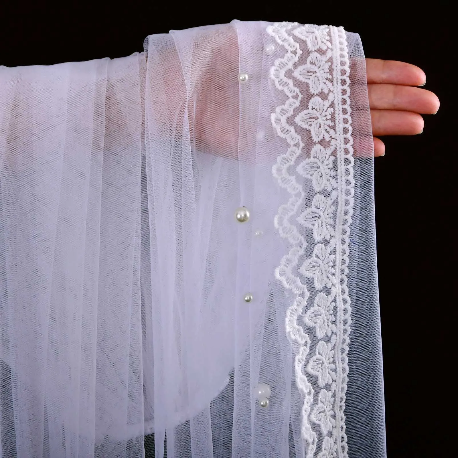 Gioielli V168 Velo corto Velo da sposa con perline di perle 1 strato Mantiglia con bordo in pizzo con punta delle dita Accessori per capelli da sposa morbidi per_voghion.com