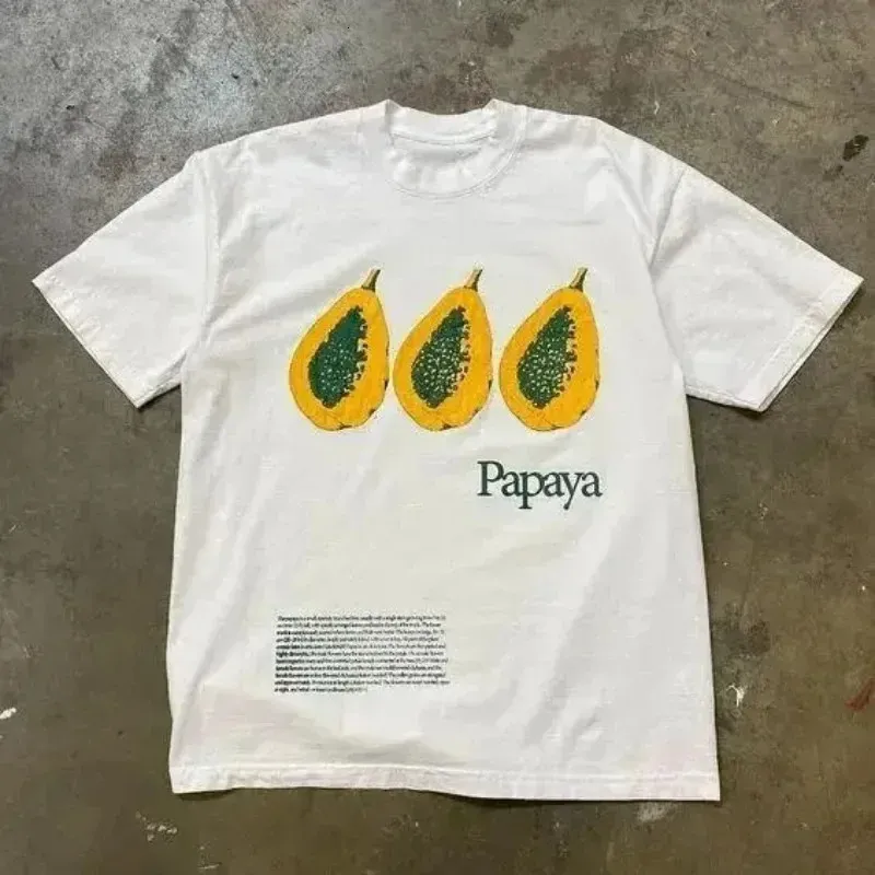 Yaz Moda Retro Mens T Shirt Eğlenceli Meyve Baskı Üstleri Pamuk Kısa Kollu Kadın Sokak Giyim Yuvarlak Boyun Tees 240513