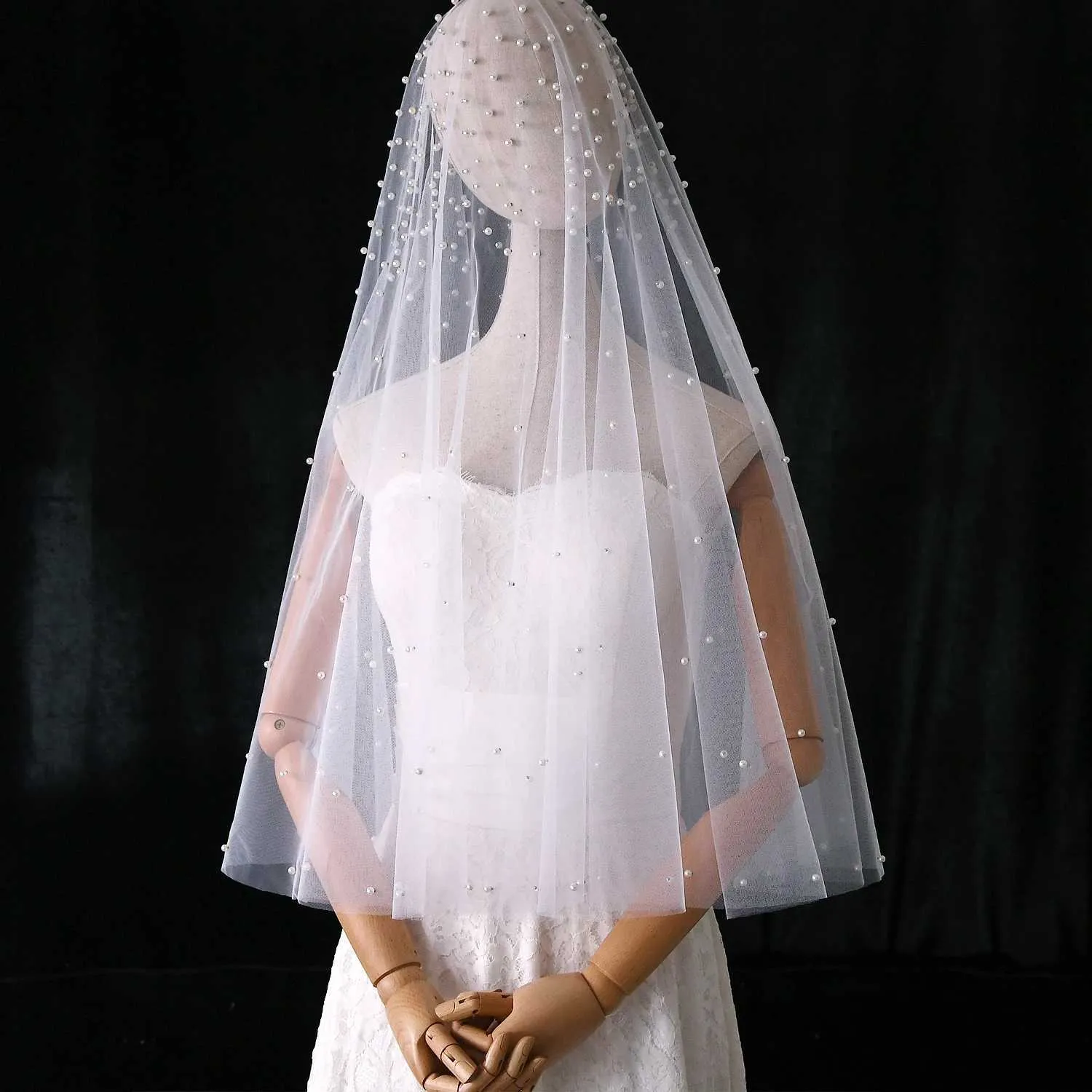 Hårsmykker V08 INGEN Kam Slør Perler Perlebesat Brudeslør Dækker Ansigt Katedral Længde Rå Kant Skønhed Brud Bryllup_voghion.com