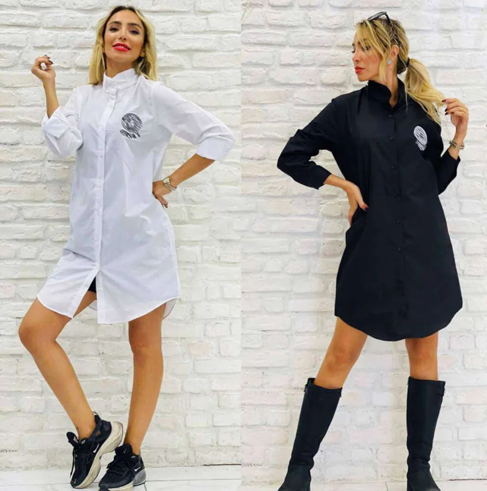 Designer Outfit Woman Stampe Shirt Dress Women Women Fashion Lavana Maniche lunghe Mini abiti Short Abite Bianco Black Spettale gratuita NMKIO