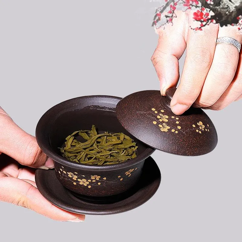 Teaware set handgjorda gaiwan yixing zisha kungfu te -set blommig snidad markerad tureen cup skål original malm lila grus tefat lock 150cc