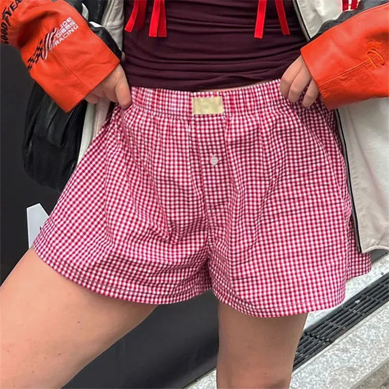 Femmes Y2K Pajamas Shorts mignon Plaid PJ Pantalon Short Lounge Sleep Bottoms Bottoms Elastic Box Boxer Boxers Tracksuit 240510