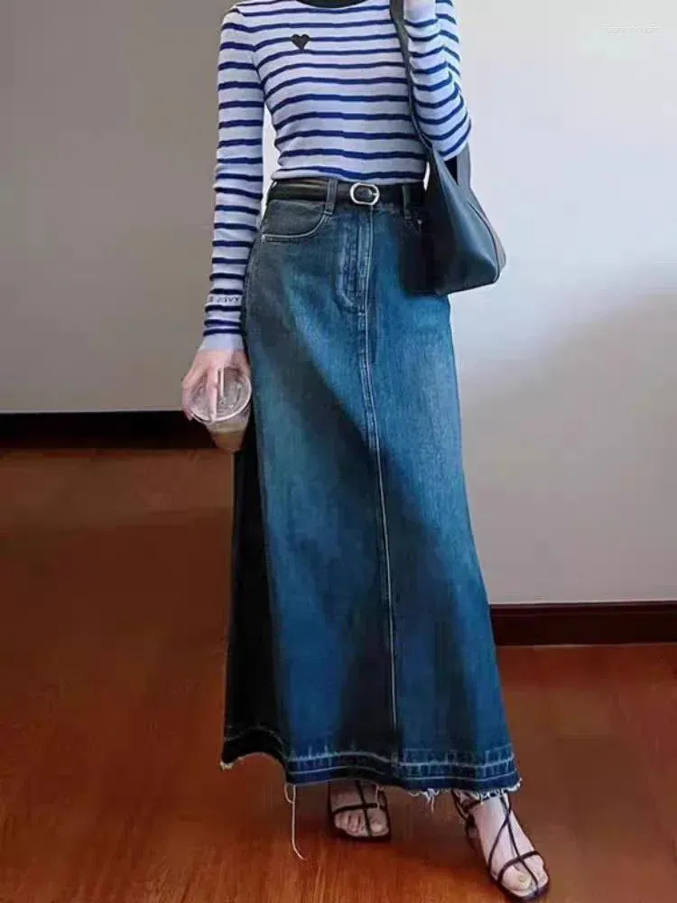 Röcke Frauen hohe Taille Vintage Blue Denim Lose Long Rock Streetstyle weibliche Knöchellänge A-Linie gerade tiefe Farbe