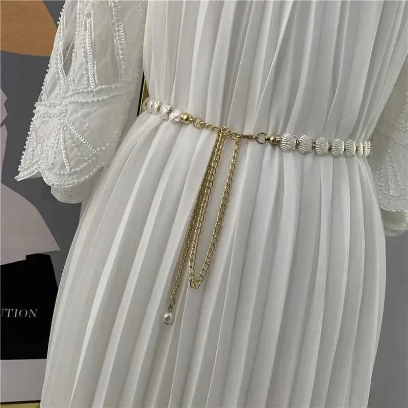 Waist Chain Belts New Womens Belt Shell Pearl Decoration Thin Metal Hundred Pieces Matching Dress Accessories Tight Corset Q240511