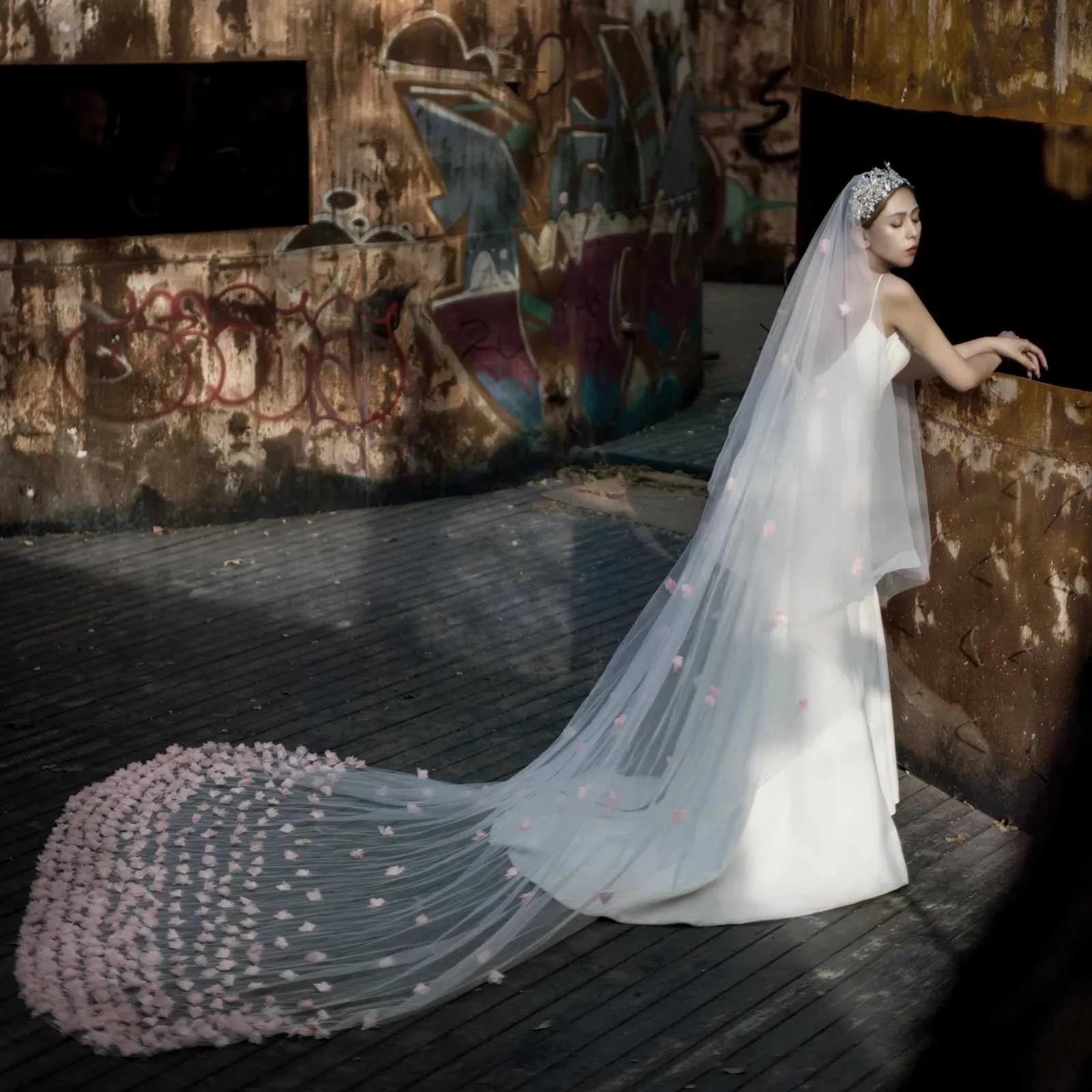 Hair Jewelry V95 Wide Pink Flower Appliqued Wedding Veil Long Cathedral Style Illusion 2 Tier with Comb Bridal_voghion.com