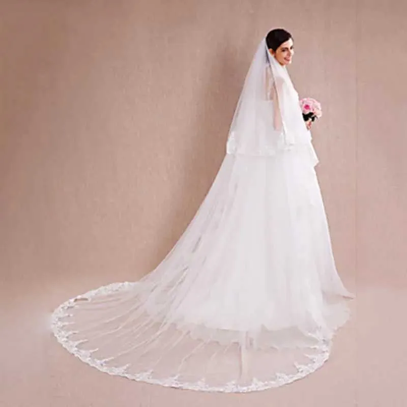 Hair Jewelry White Ivory Two-tier Cathedral Veils Lace Applique Edge Bridal Veil with Comb Wedding Accessories Veu De_ipsvogv.com