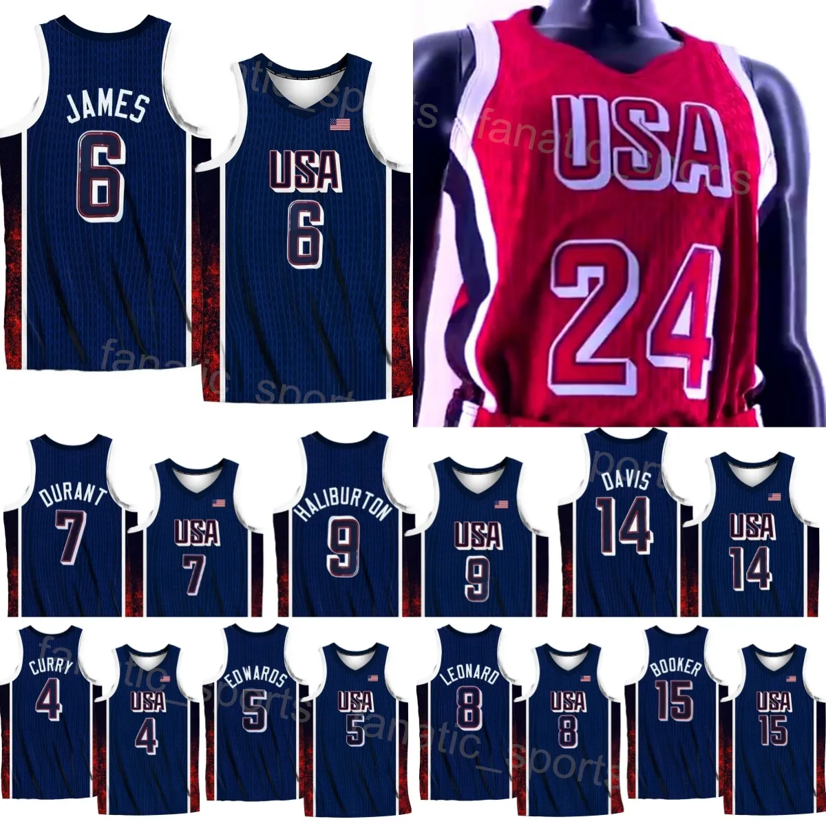 2024 Team 4 Stephen Curry Basketball Jersey US Shirt 6 LeBron James 8 Kawhi Leonard 11 Joel Embiid 14 Davis 13 Bam Adebayo 15 Devin Booker 10 Jayson Tatum 12 Jrue Holiday