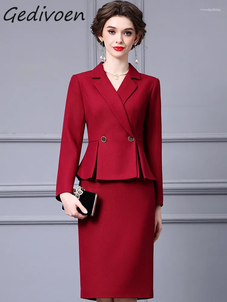 Casual Dresses Gedivoen Autumn Fashion Designer Wine Red Vintage Spliced ​​Dress Women's Lapel Button High midje Slim Package skinkor Långt