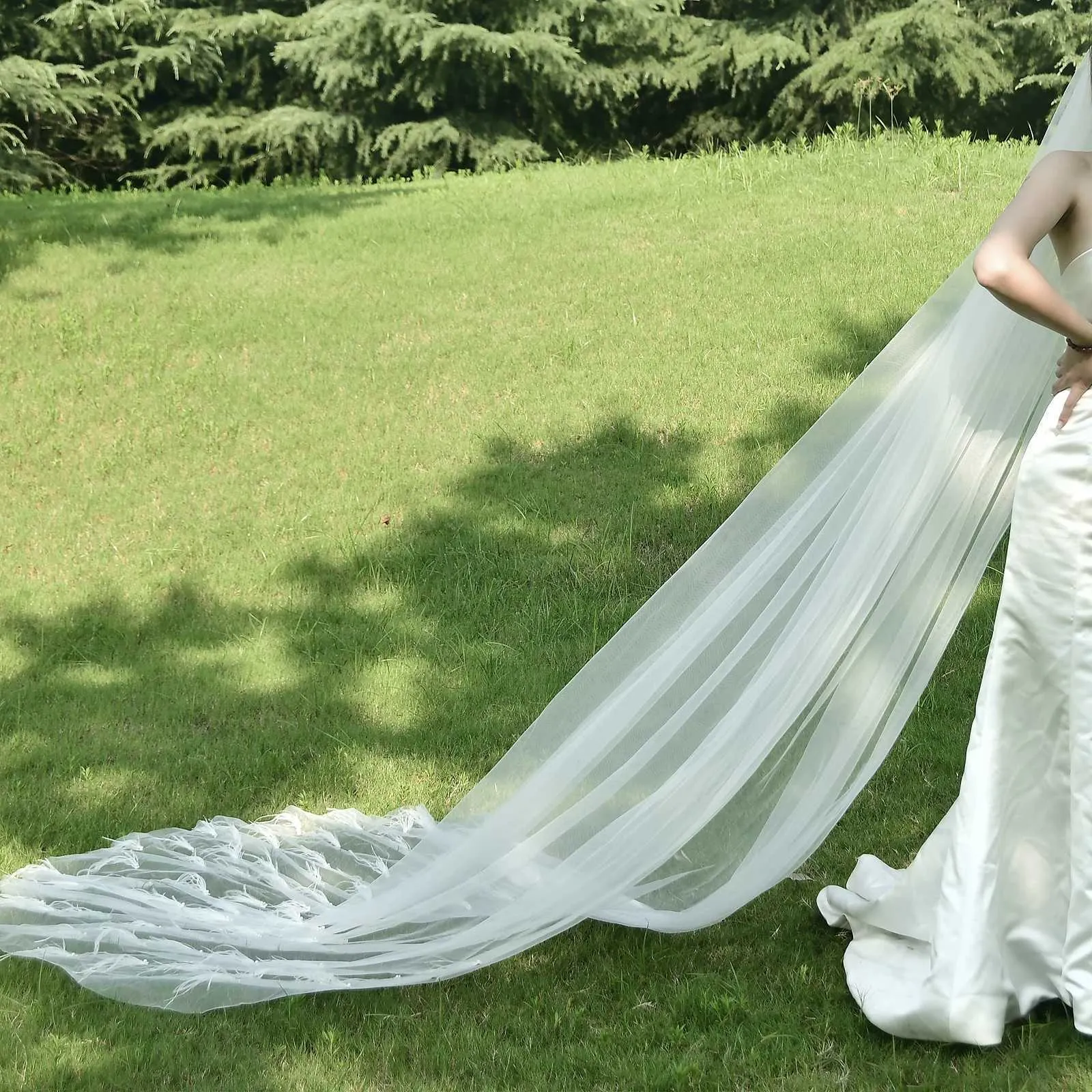 Schmuck V22 1 Tier Feder Perlen Kathedrale Hochzeit mit Kamm Braut Haar Zubehör Medine Seide Schleier_voghion.com