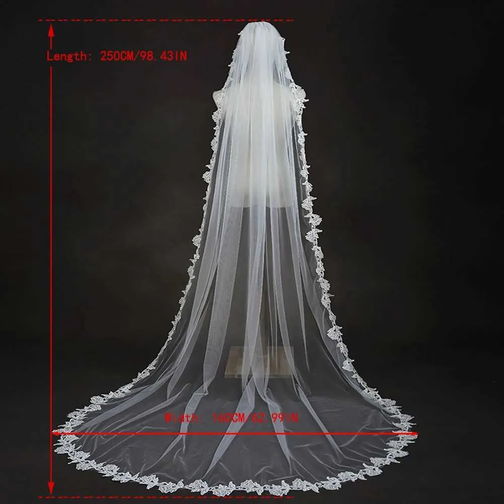 Bijoux de cheveux longs voiles de mariée avec peigne voile à 1 niveau bord festonné bordure en dentelle longueur cathédrale accessoires de mariage pour_voghion.com