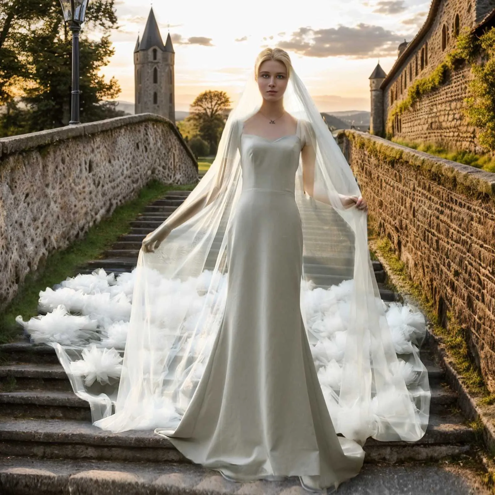 Hårsmykker MZA104 Katolsk Mantilla Brudeslør Ekstra Langt 3D Blomster Brudeslør 1 Lag Blødt Tyl Romantik Stort_voghion.com