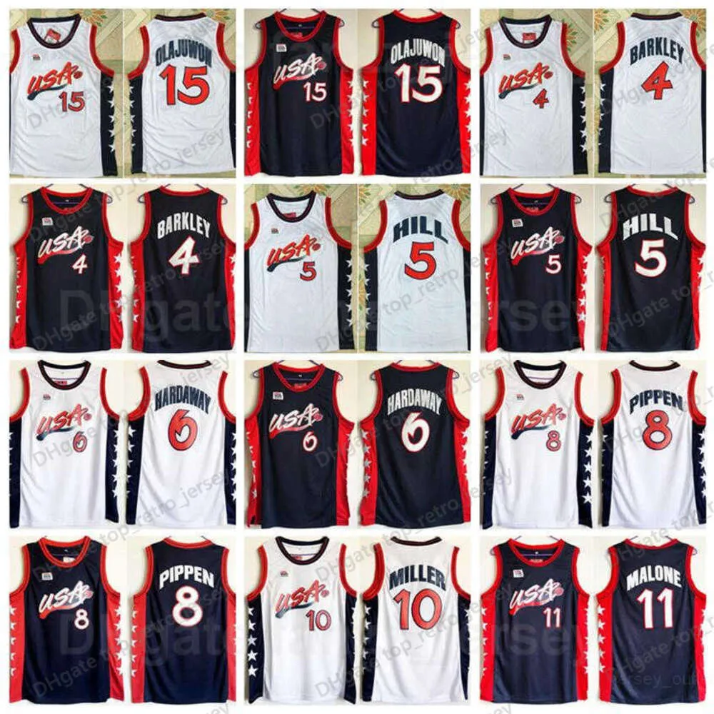 1996 US Three Basketball Scottie Pippen Jersey 8 Charles Barkley 4 Penny Hardaway 6 Hakeem Olajuwon 15 Karl Malone 11 Grant Hill 5 Reggie Miller 10 Blue White