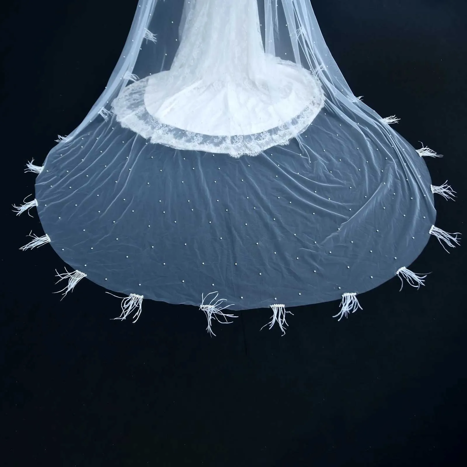 Bridal Veil Cathedral 1 Tier With Feather Beading For Wedding_voghion.com