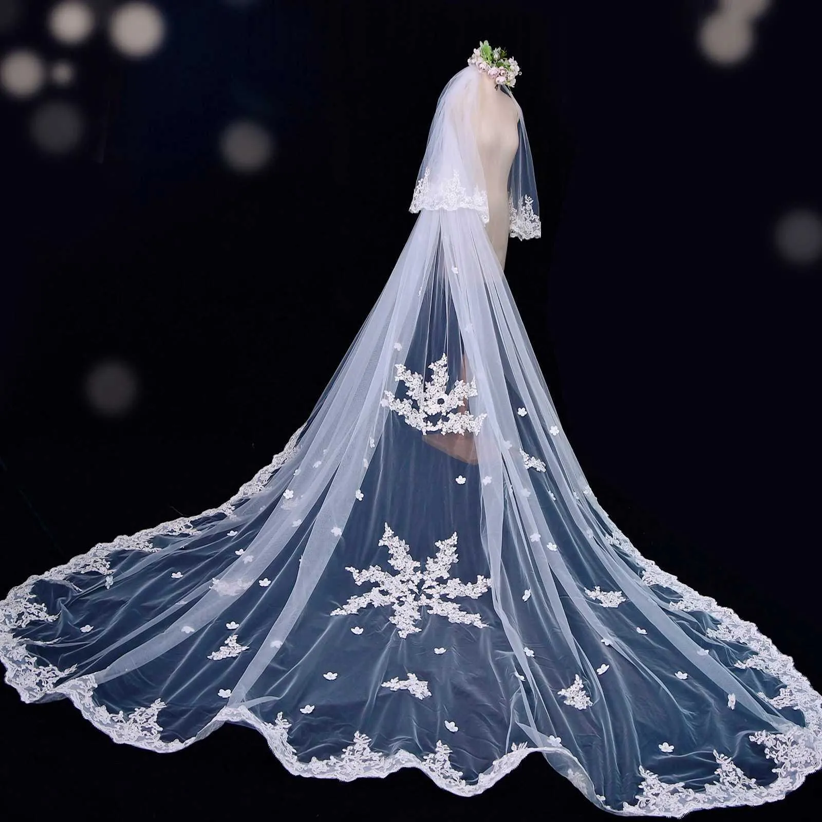 Gioielli per capelli Velo da cattedrale a 2 livelli Applicazioni in pizzo Veli da sposa con fard Morbido mantiglia Tulle Accessori da sposa per_voghion.com