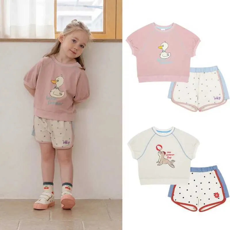 Set di abbigliamento per bambini Summer Baby Abbigliamento Set da ragazza di cotone Cartone a maniche corta Stampare+Shorts a pois Shorts set di moda 2023L2405