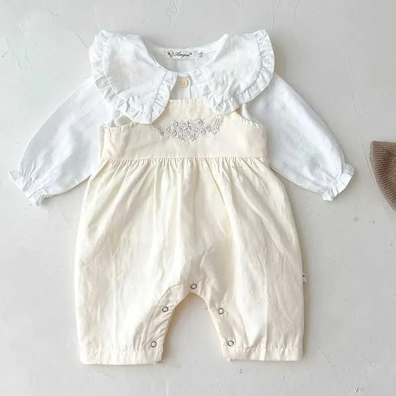 Kleidungssets koreanischer Stil Kinder- und Damenkleidung Set Langarmes Baumwollhemd+Blumensticker Jumpsuit Frühling und Herbst Baby Womens Clothingl240513