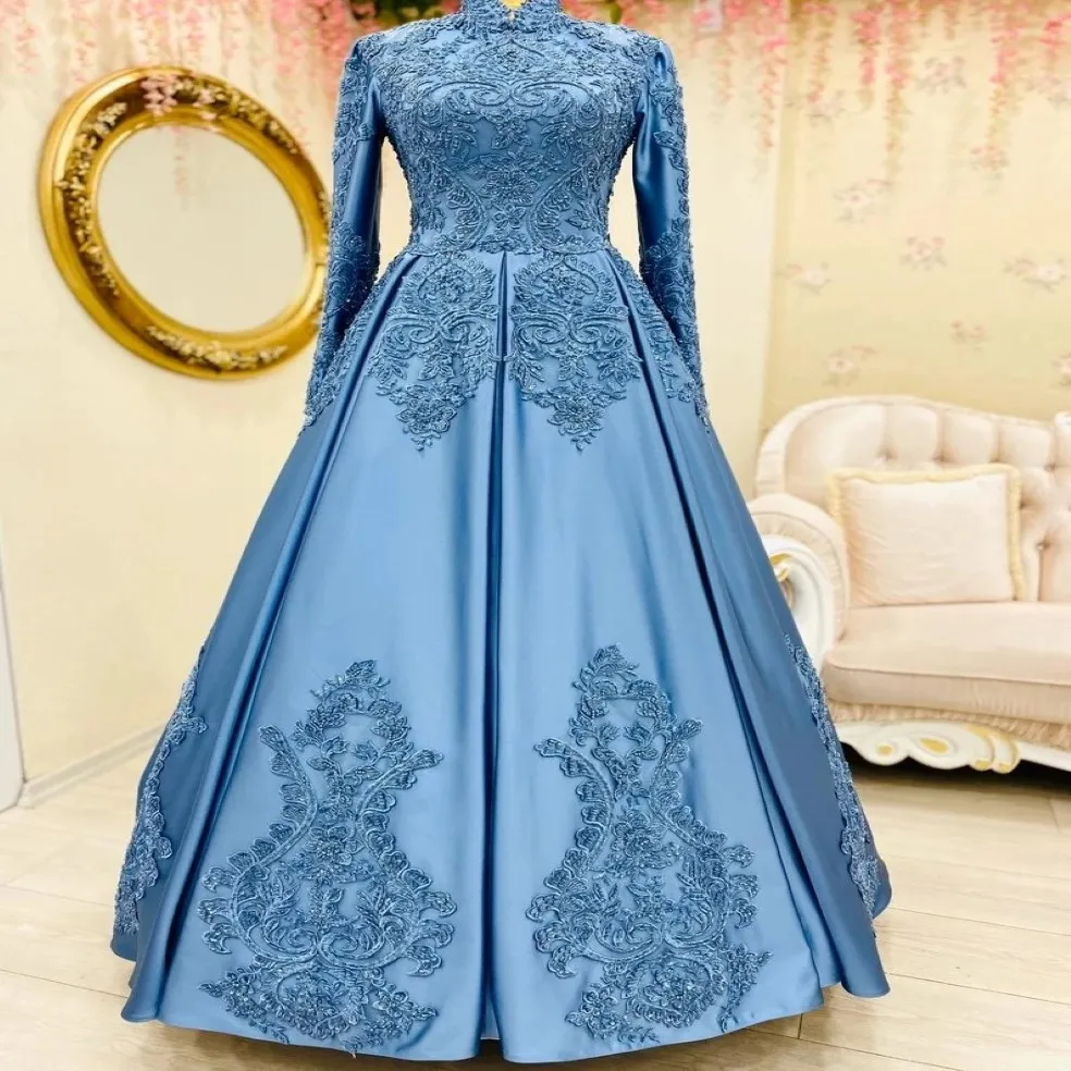 Robes de soirée musulmanes bleues 2022 manches longues à manches longues appliques en dentelle en satin robes de bal élégantes robes formelle robe de mariage 214a