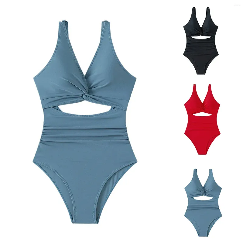 Swimwear pour femmes Sexy Couleur solide Couper maillot de bain V Col de coude sans dossier de baignade natation des femmes
