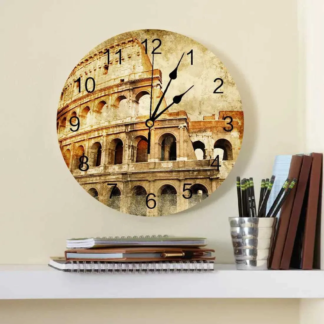 Wall Clocks Italian Roman Retro Style Ruins Round Wall Clock Hanging Silent Time Clock Home Interior Bedroom Living Room Office Decor