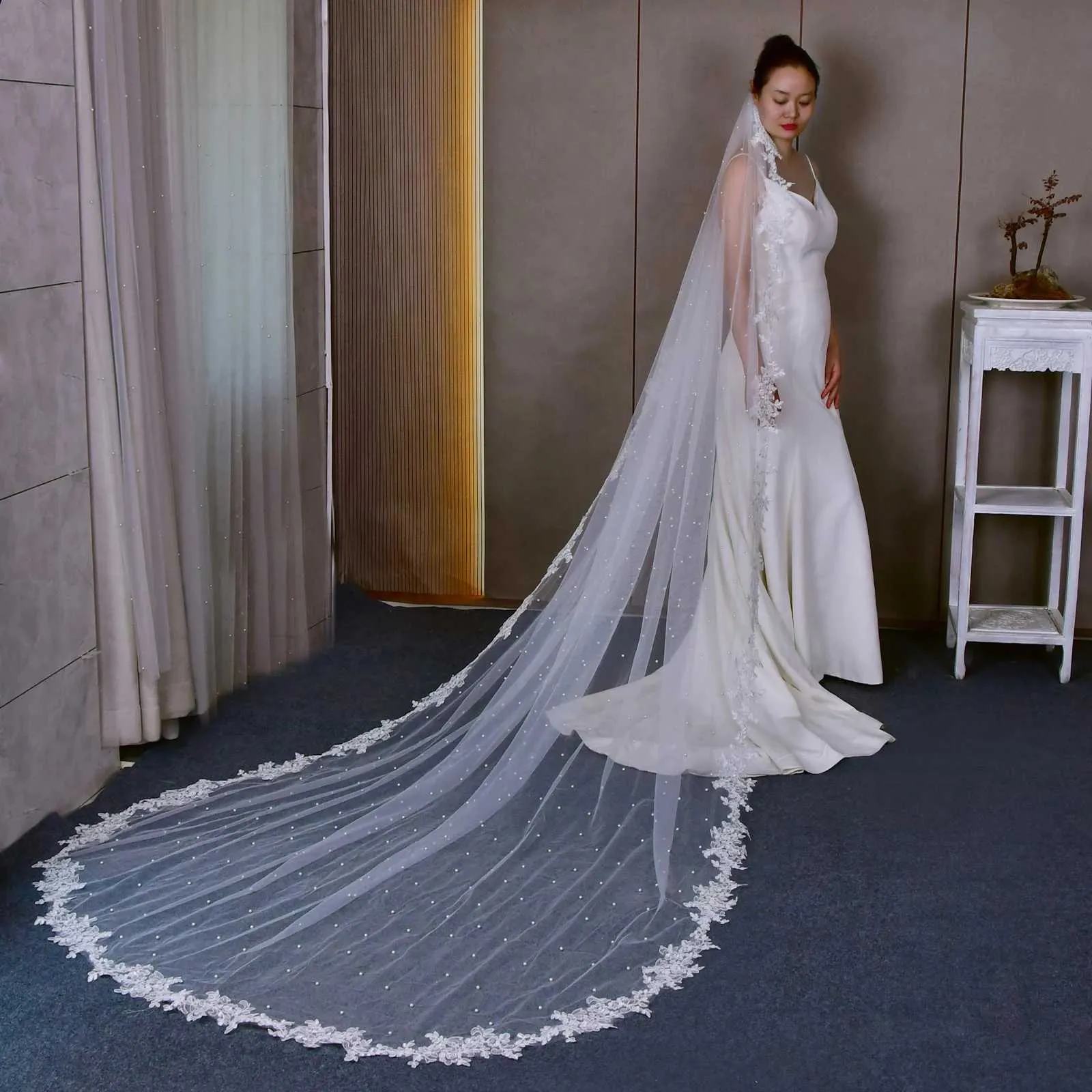 Hochzeitsschleier Mit Perlen Und Spitzenkante Und Kamm_voghion.com