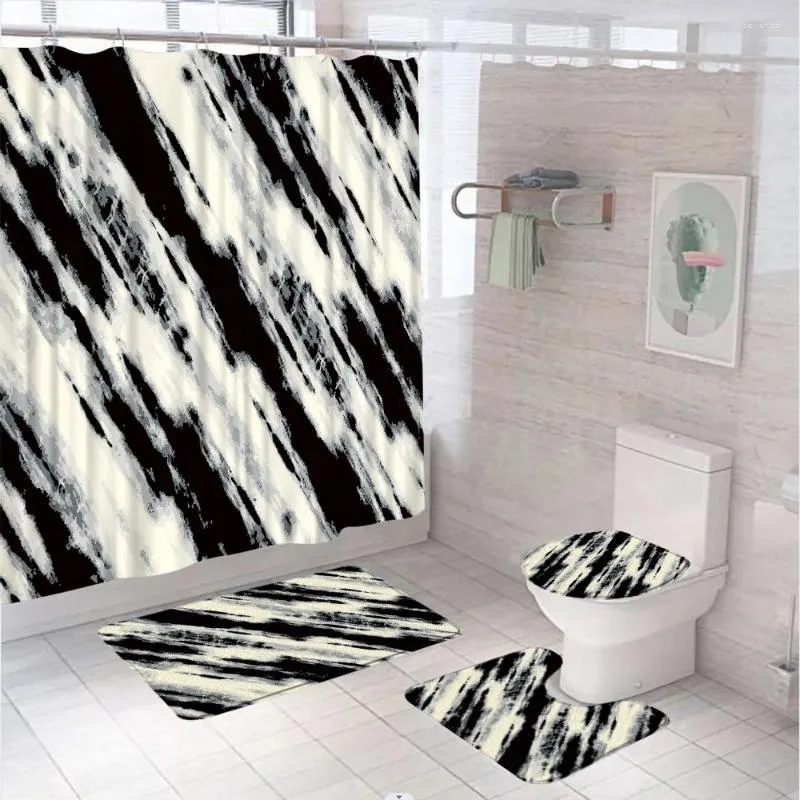 Douchegordijnen zwart grijs marmeren textuurgordijn set niet-slip badmat deksel toiletkap kleed abstract kunst inkt schilderij badkamer