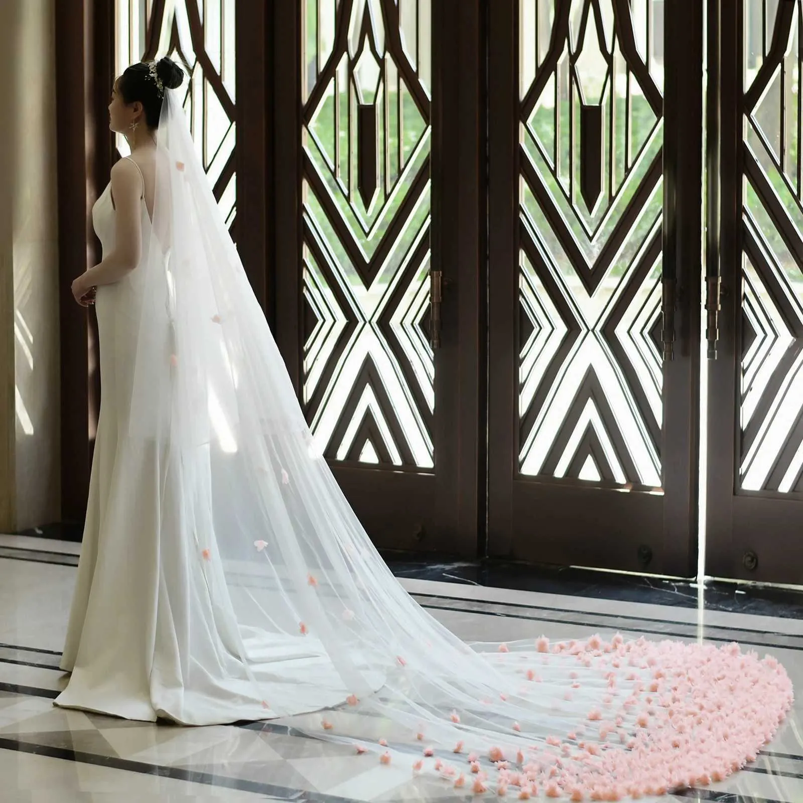 Hair Jewelry V95 Wide Pink Flower Appliqued Wedding Veil Long Cathedral Style Illusion 2 Tier with Comb Bridal_voghion.com