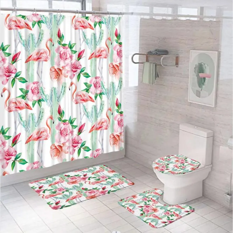 Duschgardiner söt flamingo gardin set tropisk kaktus rosa blommor blad badrum antislip badmatta toalett täckmatta matta