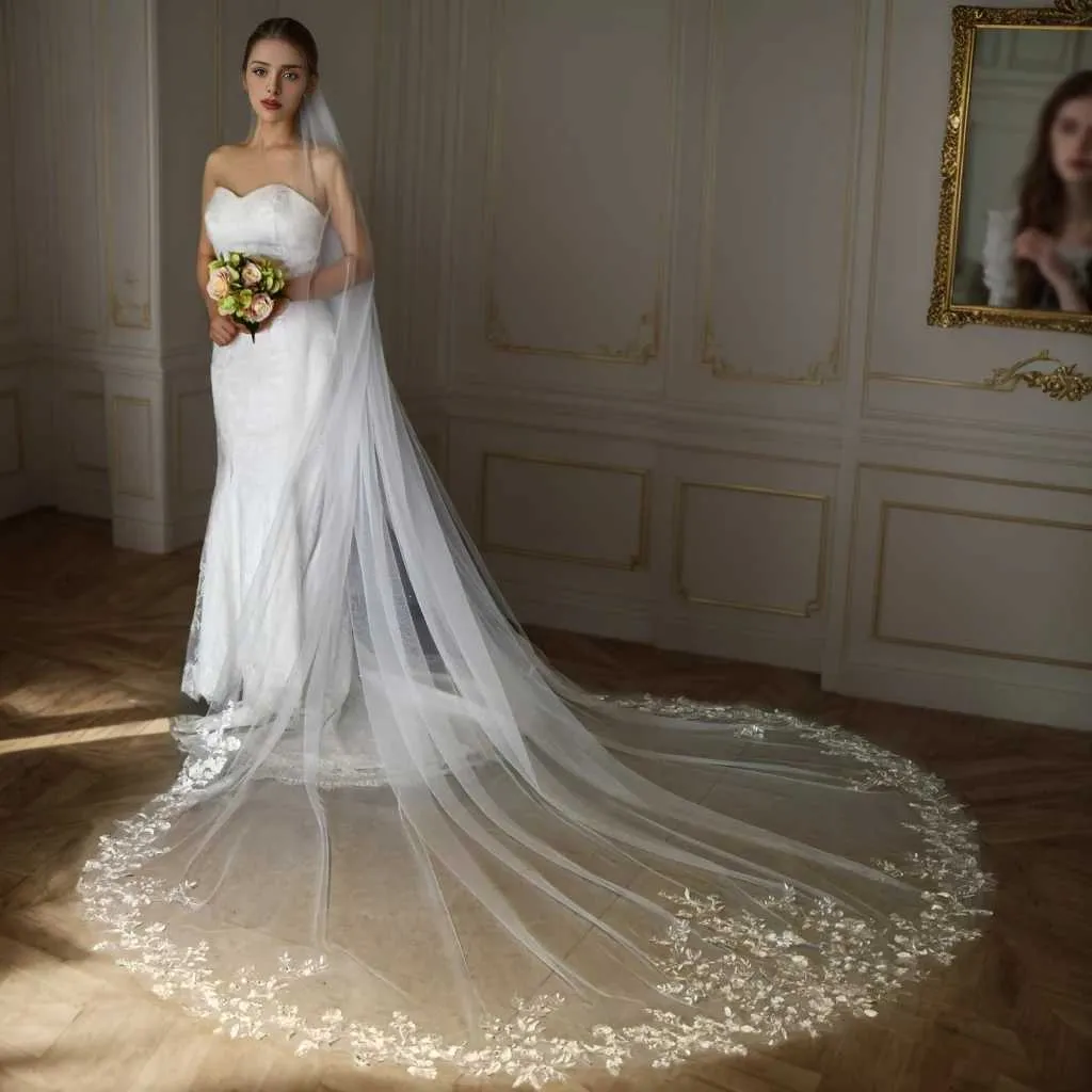 Hårsmycken V206 Långa Slöjor för Brud Brudslöja Plus Size Klänningar Accessoarer Spets Broderi Bröllopsslöja_voghion.com