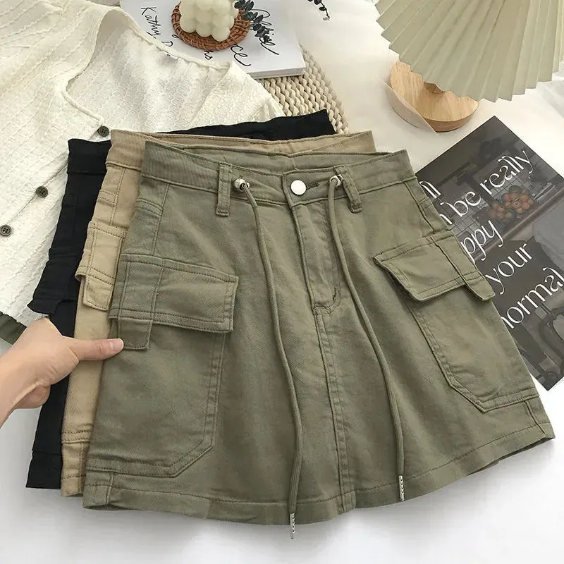 Armee grüne Kurzfrachtrock Frauen Kordelstring hohe Taille Miniröcke weiblich Y2k Streetwear Big Pocket A-Line-Röcke de Mujer 240513