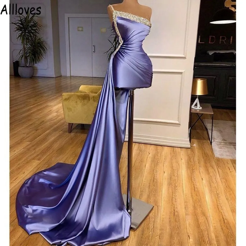 Sexy Short Evening Dresses With Peplum Shiny Sequins Beaded One Shoulder Women Formal Party Gowns Ruched Arabic Aso Ebi Prom Celebrity 204a