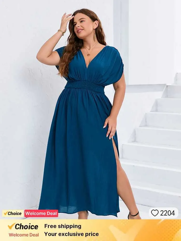 Robes de taille plus de taille plus de la taille de taille batwing slve maxi robe poche décontractée v robe coude divisée cravate ruée en arrière l'été élégant robe y240510