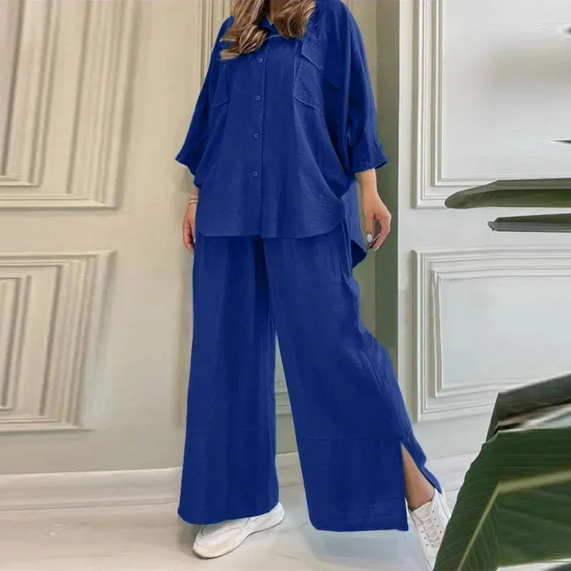 Kvinnors tvåbitar byxor Casual Loose Wide Leg Pant Set Women Fashion Solid Pocket Shirt Trousers 2 Outfit Summer Plus Size Sportswear