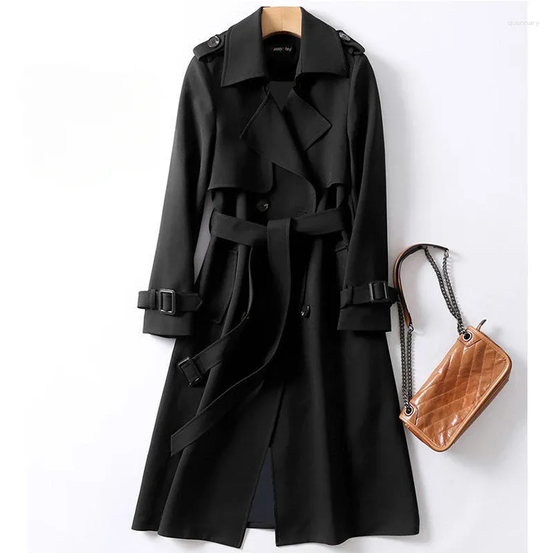 Women's Trench Coats 2024 Mid Long Windbreaker England Style With Belt Trenchcoat Spring Autumn In Outerwears Black Women Jackets Lined