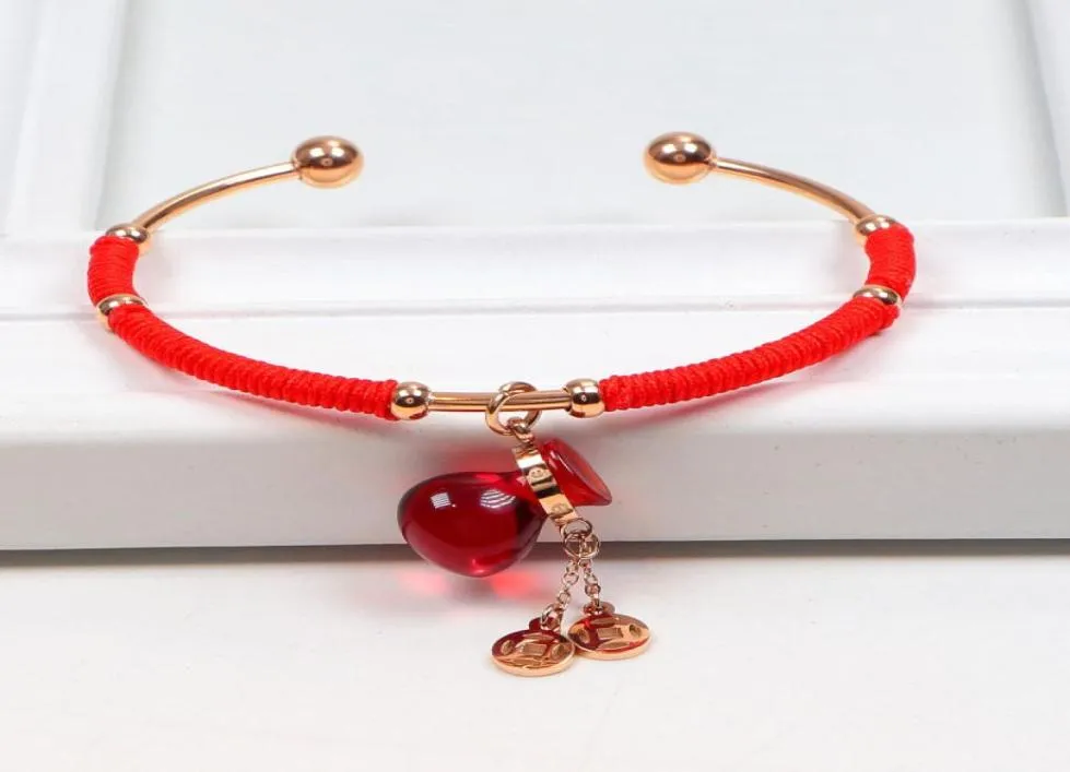 Bracelet en acier inoxydable 316l Bracelet en acier inoxydable pour femmes corde rouge bouteille de gourde de style chinois rose 18 kgp bracelets ouvert4130366