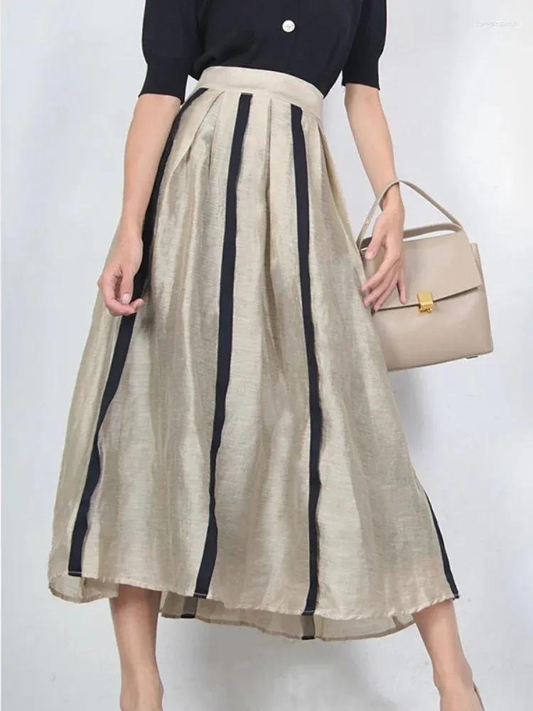 Jupes French Style en femmes jupe élégante A-line plissée à rayures HEPBURN LINGE DE HAUTE QUALITÉ MÉDIAL MIDE CALFE