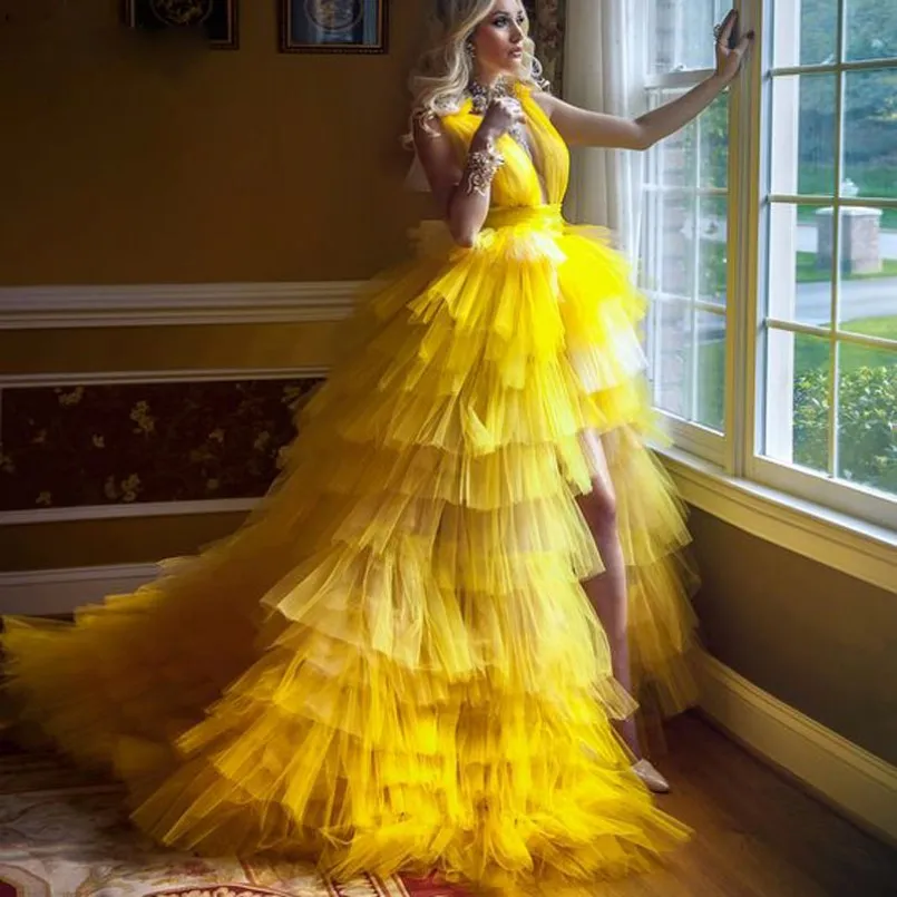 Modna żółta wysoko z boku Sukienki na bal maturalne głębokie v szyfki bez pleców warstwowe spódnica Tiul Controska