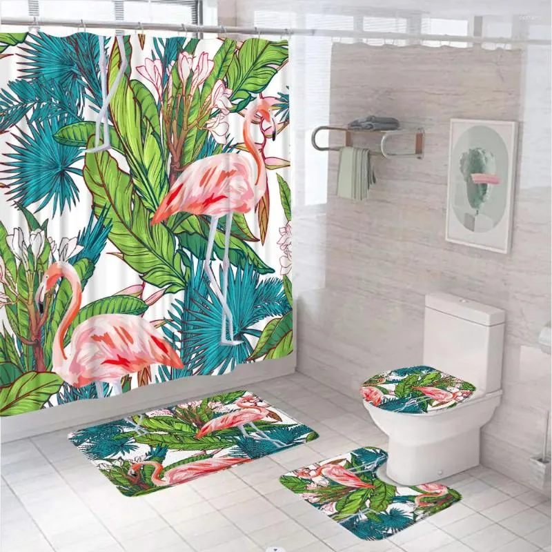 Shower Curtains Tropical Plant Flower Bird Flamingo Curtain Bath Mat Sets Animal Green Leaves Bathroom Screen Toilet Cover Anti-slip Rugs