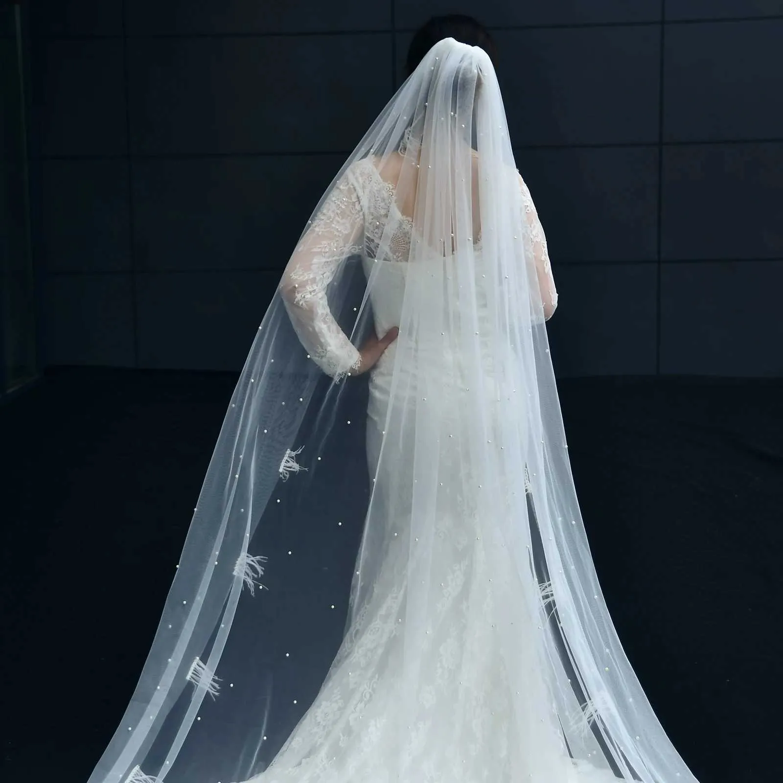 Jewelry V23 Cathedral Wedding Comb 1 Tier Veil with Feather Beading White Bridal Hair Accessories for Bride_voghion.com