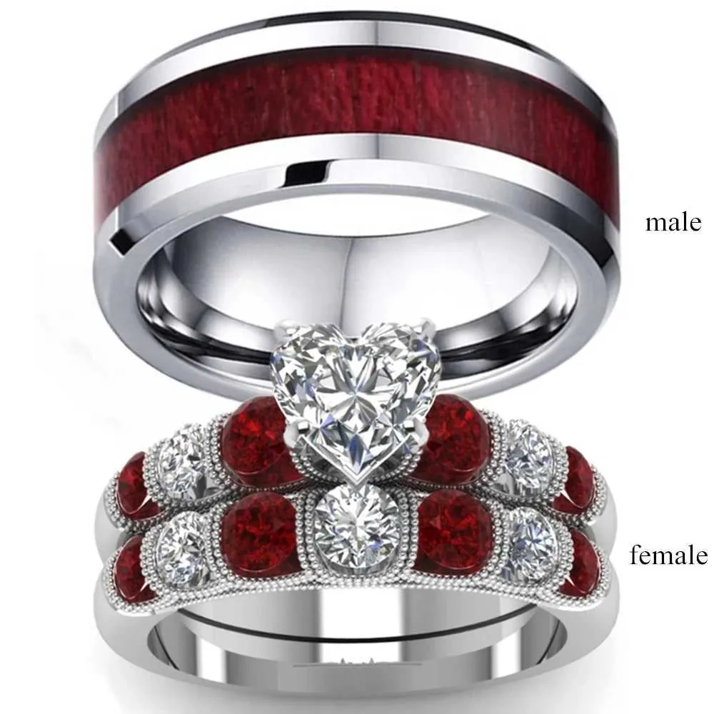 Bröllopsringar 2021 Parring Womens Platinum Heart Shaped Garnet Mens rostfritt stål Engagement Band Valentines Day Gift Jewelry Q240511