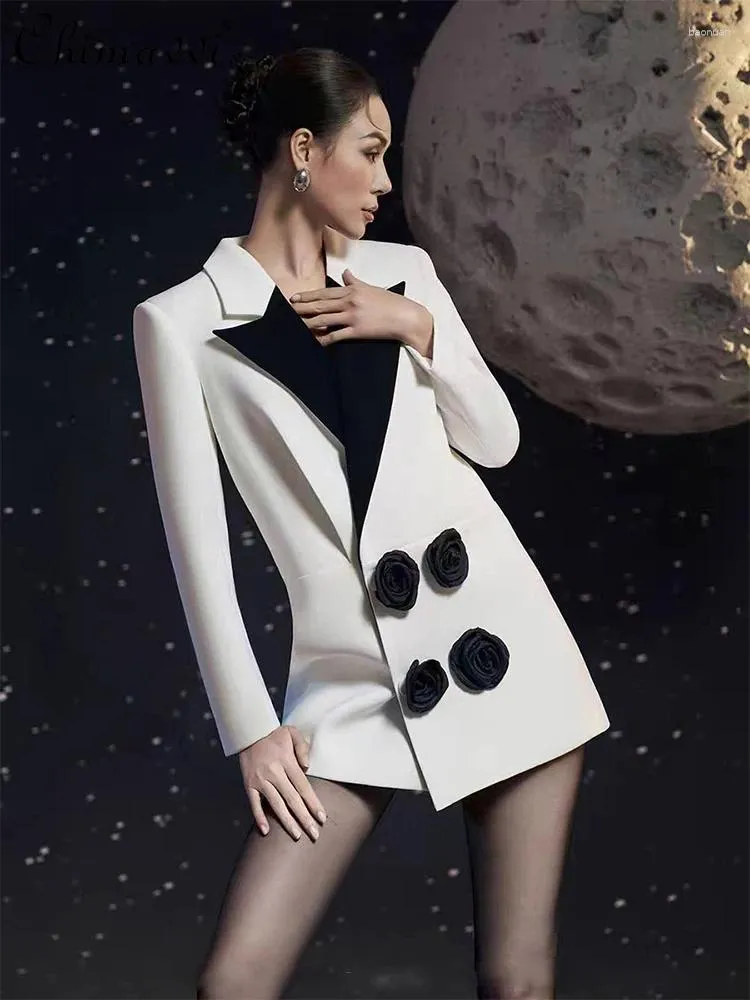 Kvinnors jackor High-End svartvit kontrastfärg Rose-jacka 2024 Autumn Fashion Double Breasted Long Sleeve Slim-Fit Ol Blazers