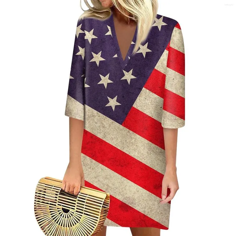 Independence Day Printed Loose V-Ne 3/4 Sve ss - Fionable and Simple sual ss for Women