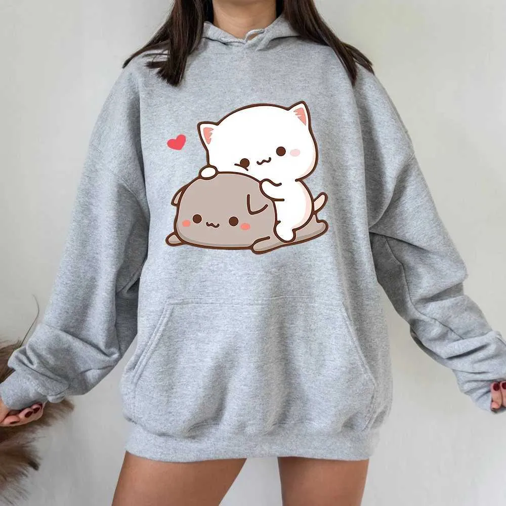 Felpa con cappuccio da uomo con felpe da uomo harajuku gomma e gatto pesca donna più taglia con cappuccio long slve slve slve slve sciodo sciolta a strtwear casual girl coppie coreano abbigliamento t240510