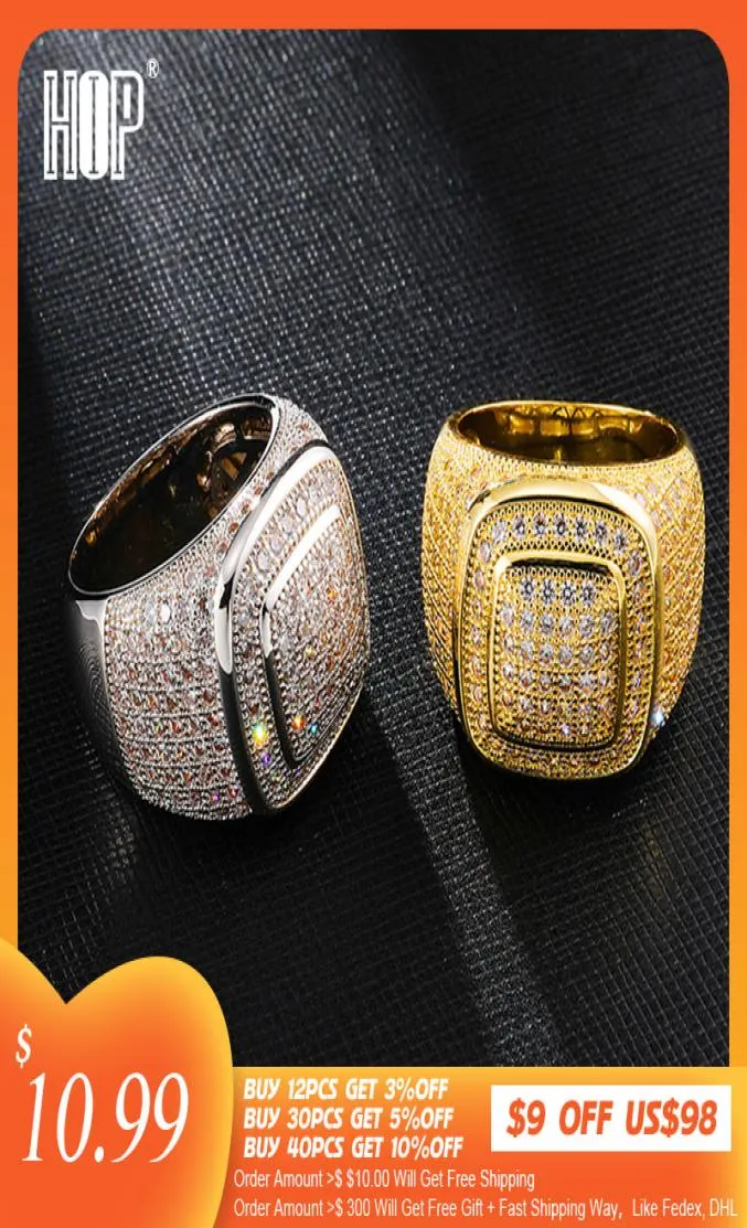 Hip Hop Iced Out Bling Full CZ Charm Tready Square Copper Zircon Ring For Men Women Jewelry Gold Size 8115207509