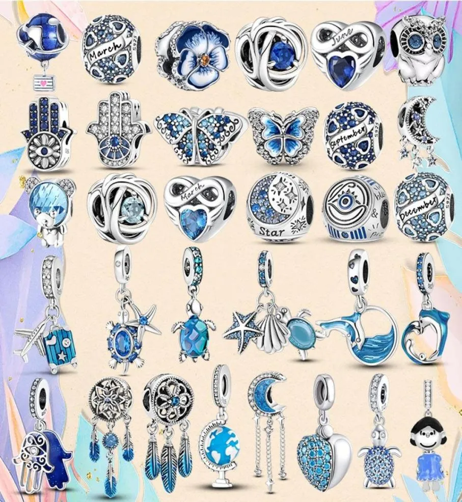 925 Silver Bead Fit Charms P Charm Armband Blue Color Charm Butterfly Flower Owl Turtle Dolphin Charmes Ciondoli Diy Fine B7008427