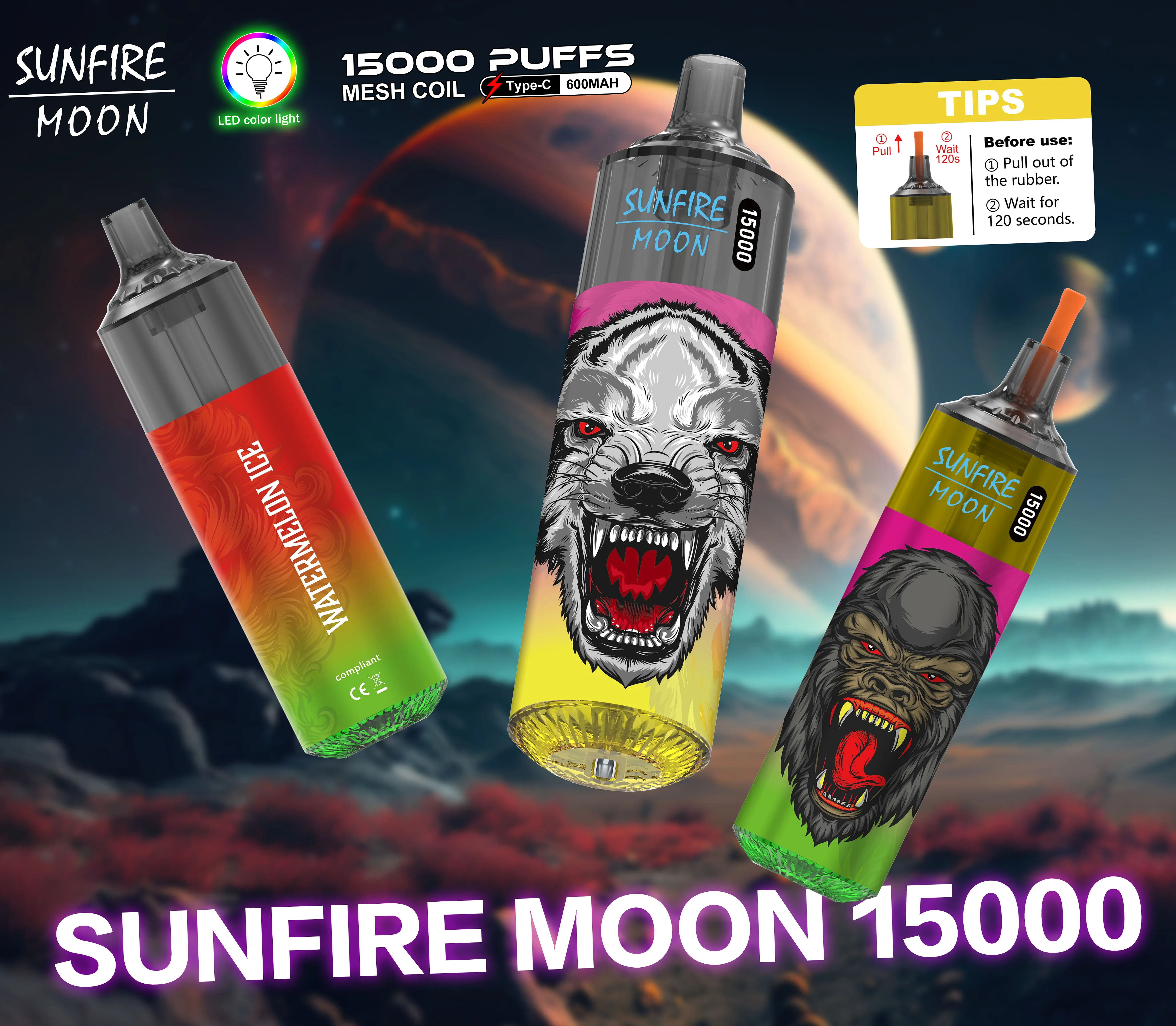 Preço de fábrica Sunfire Vape descartável 15000 Puffs 25ml Vapes pré-cheios recarregáveis Bateria de 600mAh 15k 9000 9 K Puffs e cigarro com RGB Light