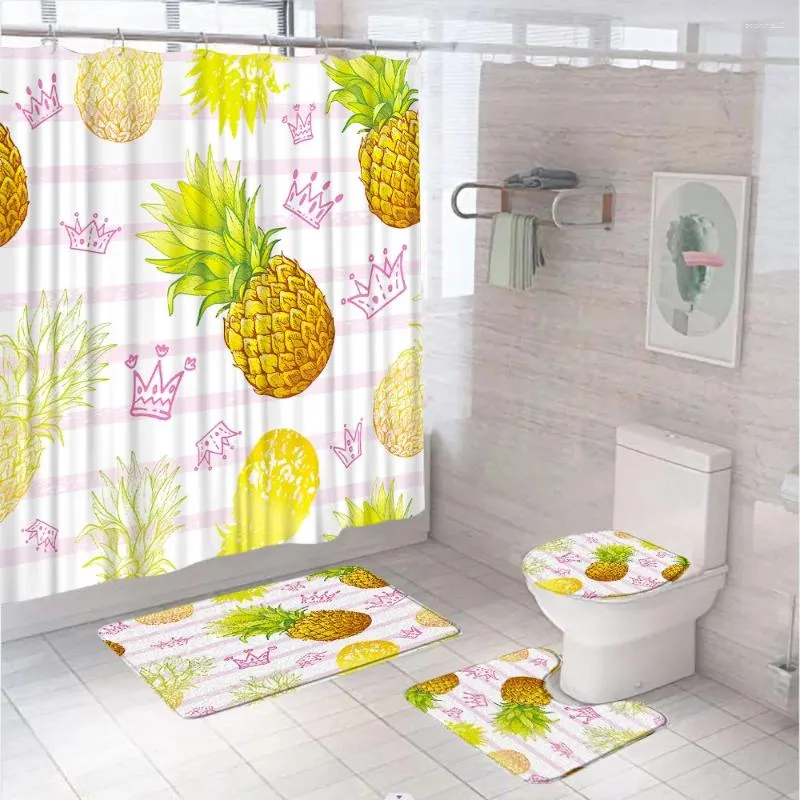Rideaux de douche ananas fruits rideaux tropicaux ensembles aquarelle rose couronne rayée de salle de bain non glissée