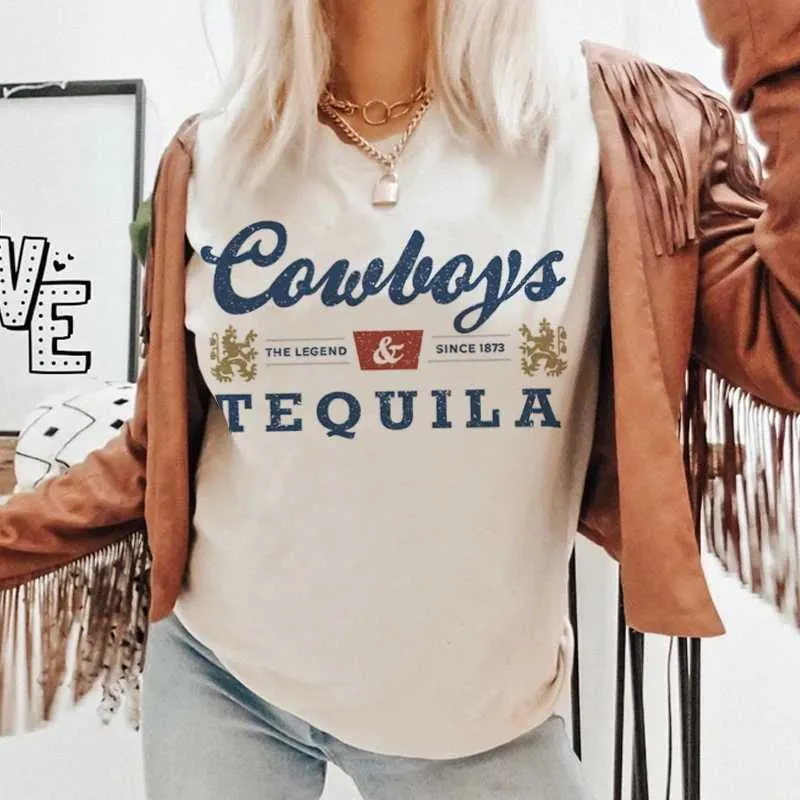 T-shirts voor heren cowboys Tequila vrouwen grappig drinken t-shirts korte slev vintage country muziek t shirt cowgirl retro mode grafische ts tops t240510