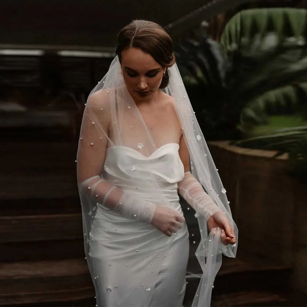 Bijoux de cheveux 3D fleurs voiles de mariée perles voile 1 niveau perlé doux Tulle avec peigne longue cathédrale accessoires de mariage_voghion.com