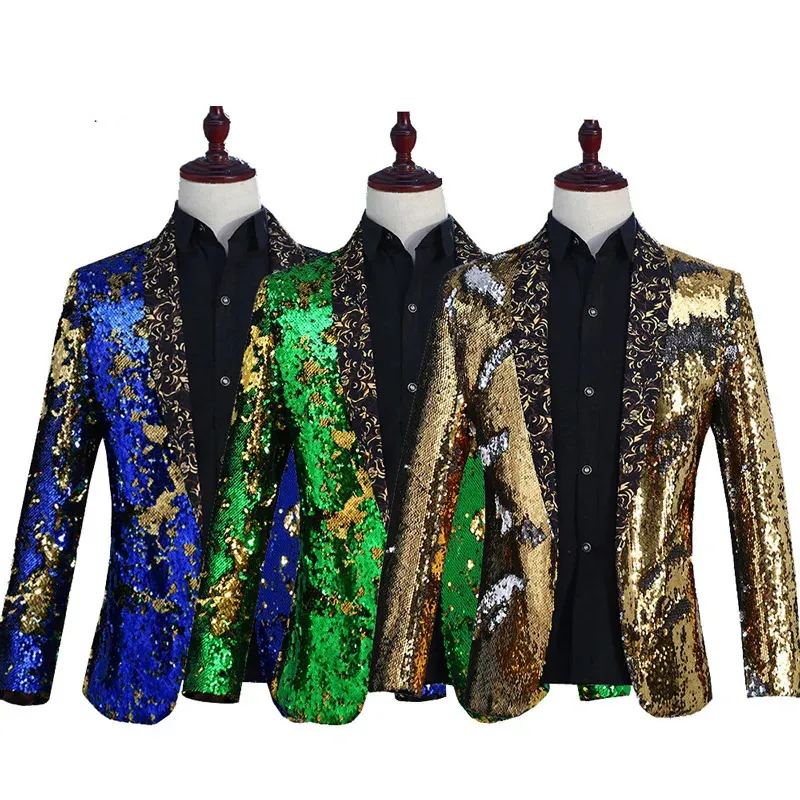 Luxury Royal Blue Sequin Blazer Men Nightclub Stage Shawl Collar Mens Suit Jacket Wedding Party 240507
