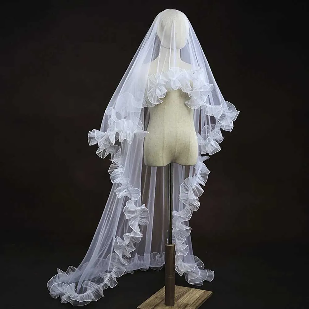 Bridal Veil Romantic 1 Tier Organza Ruffled Edge For Wedding_voghion.com
